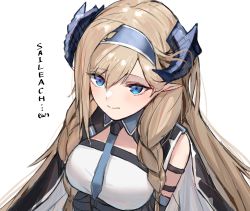 Rule 34 | 1girl, absurdres, arknights, blue eyes, blue hairband, blue neckwear, braid, breasts, character name, commentary request, dragon horns, dress, hair between eyes, hairband, highres, horn/wood, horns, large breasts, long hair, looking at viewer, portrait, saileach (arknights), simple background, solo, twin braids, white background, white dress