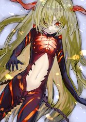 Rule 34 | 1girl, absurdres, astaroth (illusion connect), blonde hair, cowboy shot, highres, horns, illusion connect, korpokkur kne, long hair, looking at viewer, navel, red eyes, red horns, solo, very long hair