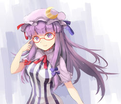 Rule 34 | 1girl, adjusting eyewear, bespectacled, blue ribbon, breasts, capelet, clear echoes, crescent, crescent hair ornament, dress, glasses, hair ornament, hat, long hair, looking at viewer, mob cap, patchouli knowledge, purple eyes, purple hair, red-framed eyewear, red ribbon, ribbon, short sleeves, smile, solo, striped clothes, striped dress, touhou, very long hair
