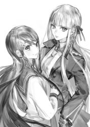 2girls blazer blunt_bangs bow bowtie braid closed_mouth collared_jacket commentary_request cowboy_shot danganronpa:_trigger_happy_havoc danganronpa_(series) expressionless eyelashes from_behind gloves greyscale hair_ornament hair_ribbon hairclip jacket kirigiri_kyoko lapels lips long_hair long_sleeves looking_at_viewer looking_back maizono_sayaka miniskirt monochrome multiple_girls naoko_(artist) necktie notched_lapels open_clothes open_jacket pleated_skirt ribbon sailor_collar school_uniform serafuku shirt sidelocks simple_background single_braid skirt smile studded_gloves very_long_hair white_background