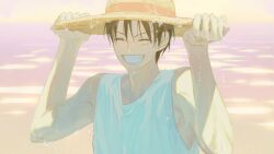 Rule 34 | 1boy, alternate costume, bare shoulders, black hair, clenched teeth, closed eyes, commentary request, facial scar, hat, highres, korean commentary, male focus, monkey d. luffy, one piece, outdoors, scar, scar on cheek, scar on face, short hair, sleeveless, smile, solo, straw hat, tank top, teeth, umulumul1020, water, white tank top
