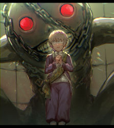 Rule 34 | 1boy, blindfold, chain, chained, chain, commentary, emil (nier), glowing, glowing eyes, halua, highres, jacket, letterboxed, light brown hair, nier, nier (series), open clothes, open jacket, own hands together, pants, parted lips, penguu (green528), puffy pants, purple jacket, purple pants, red eyes, sash, short hair, siblings, spoilers, teeth