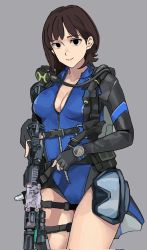 Rule 34 | 1girl, assault rifle, black eyes, black gloves, blue one-piece swimsuit, bodysuit, breasts, brown hair, cleavage, diving mask, diving suit, fingerless gloves, gloves, goggles, grey background, gun, highres, holding, holding gun, holding weapon, long sleeves, looking at viewer, mole, mole under eye, one-piece swimsuit, original, rifle, short hair, simple background, smile, solo, swimsuit, trigger discipline, wani (perfect han), weapon, wetsuit