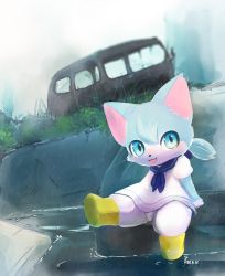 Rule 34 | 1girl, artist request, blue eyes, blue hair, boots, cat, cat busters, furry, furry female, grass, highres, open mouth, sitting, solo