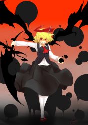 Rule 34 | 1girl, absurdres, ascot, blonde hair, blouse, darkness, ex-rumia, gradient background, grey background, highres, kanata (beyond the fields.), red background, red eyes, ribbon, rumia, shaded face, shirt, short hair, skirt, slit pupils, smile, solo, touhou, vest