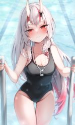 Rule 34 | 1girl, absurdres, blush, breasts, cleavage, collarbone, grey hair, highres, hololive, horns, long hair, looking at viewer, medium breasts, multicolored hair, nail polish, nakiri ayame, one-piece swimsuit, oni, parted lips, pool, pool ladder, red eyes, red hair, red nails, scarlet (wv0102), skin-covered horns, smile, solo, streaked hair, swimsuit, virtual youtuber, whistle, whistle around neck
