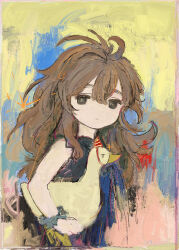 Rule 34 | 1girl, :|, absurdres, ahoge, animal, bird, black shirt, brown hair, ciel (paradis47), closed mouth, duck, expressionless, from side, hair between eyes, hat, highres, holding, holding animal, impasto, long hair, looking at viewer, messy hair, original, party hat, scrunchie, shirt, sidelocks, sleeveless, sleeveless shirt, solid eyes, solo, sparkle, traditional media, upper body, wavy hair, wrist scrunchie