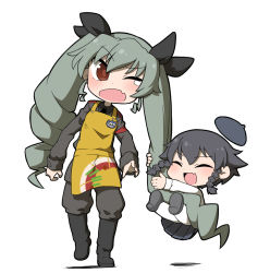 Rule 34 | 10s, 2girls, aged down, anchovy (girls und panzer), anzio (emblem), apron, belt, beret, black footwear, black hair, black shirt, black skirt, blouse, boots, braid, closed eyes, commentary, dress shirt, drill hair, emblem, full body, girls und panzer, green hair, grey jacket, grey pants, hair ribbon, hanging, hat, jacket, kindergarten teacher, knee boots, loafers, long hair, long sleeves, looking at another, mansyontintai, military, military uniform, miniskirt, multiple girls, necktie, one eye closed, open mouth, pants, pants tucked in, pantyhose, pepperoni (girls und panzer), pleated skirt, red eyes, ribbon, school uniform, shirt, shoes, short hair, shoulder belt, side braid, skirt, smile, standing, tearing up, twin drills, twintails, ume (noraneko), uniform, white legwear, white shirt, wince