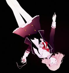 Rule 34 | 1girl, absurdres, black background, closed eyes, closed mouth, collared shirt, diabolik lovers, highres, komori yui, long sleeves, parted lips, pink hair, qi7pi, rosary, school uniform, shirt, short hair, simple background, skirt, solo, white shirt