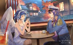 Rule 34 | 1boy, 1girl, absurdres, angel wings, bare arms, blush, building, cafe, chair, commentary, cup, dress, english commentary, epaulettes, hat, headphones, highres, indoors, kailen yu, night, original, own hands together, phyrnna, pote-mm, purple eyes, purple hair, round table, saucer, second-party source, short hair, sitting, sky, sundress, table, teacup, white dress, white wings, wings