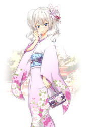 Rule 34 | 10s, 1girl, alternate costume, architecture, blue eyes, blurry, blurry background, east asian architecture, floral print, flower, hair flower, hair ornament, highres, japanese clothes, kantai collection, kashima (kancolle), kimono, long hair, looking at viewer, obi, outdoors, sarfata, sash, silver hair, smile, solo, twintails, wavy hair, wide sleeves