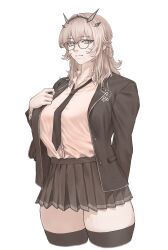Rule 34 | 1girl, alternate costume, arm behind back, barghest (fate), breasts, brown theme, closed mouth, collared shirt, cropped legs, fate/grand order, fate (series), glasses, hair between eyes, highres, huge breasts, jacket, looking at viewer, medium hair, monochrome, necktie, open clothes, open jacket, pleated skirt, school uniform, shirt, shirt tucked in, skirt, solo, thighhighs, thighs, tiara, tonko from, zettai ryouiki