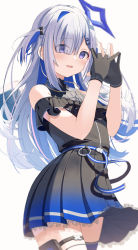 Rule 34 | 1girl, amane kanata, amane kanata (work), angel, angel wings, asymmetrical bangs, asymmetrical hair, bare shoulders, belt, black dress, black gloves, blue belt, blue hair, blue thighhighs, blush, colored inner hair, dress, feathered wings, gloves, hair ornament, hair over one eye, hairclip, halo, highres, hololive, jewelry, long bangs, long hair, looking at viewer, mini wings, multicolored hair, necklace, parted lips, partially fingerless gloves, pleated dress, pouch, purple eyes, short dress, silver hair, single hair intake, single thighhigh, sleeveless, sleeveless dress, smile, solo, star (symbol), star halo, star necklace, thigh pouch, thighhighs, two side up, virtual youtuber, white wings, wings, yamada (yamadadesuyo212)