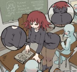 Rule 34 | 1girl, 3others, ass, black footwear, blush, book, breasts, chair, chalk, chalkboard, classroom, desk, drawing, english text, highres, indoors, large breasts, leaning forward, math teacher (lowgradef), multiple others, multiple views, open mouth, original, pantsu-ripper, pantyhose, podium, red hair, school chair, school desk, sitting, standing, yellow eyes