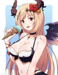 Rule 34 | 1girl, bare shoulders, blush, breasts, brown hair, character request, choker, cleavage, collarbone, dark angel olivia, flower, food, futami (mg42fw190d), granblue fantasy, hair flower, hair ornament, highres, ice cream, ice cream cone, large breasts, long hair, looking at viewer, nail polish, olivia (summer) (granblue fantasy), parted lips, pink nails, red eyes, smile, solo, swimsuit, tongue, tongue out, twitter username, upper body, very long hair, wings