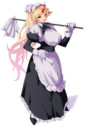 Rule 34 | 1girl, absurdres, alternate costume, alternate hairstyle, apron, black dress, black footwear, blonde hair, breasts, dress, enmaided, framed breasts, fugaku (miko no miyatsuguchi), full body, gloves, highres, horns, hoshiguma yuugi, huge breasts, juliet sleeves, long dress, long hair, long sleeves, looking at viewer, maid, maid apron, oni horns, open mouth, pointy ears, ponytail, puffy sleeves, red eyes, red horns, simple background, single horn, solo, standing, touhou, victorian maid, white apron, white background, white gloves