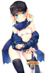 Rule 34 | 1girl, :/, artoria pendragon (fate), baseball cap, bikini, black hat, black thighhighs, blonde hair, blue eyes, blue jacket, blue scarf, closed mouth, contrapposto, cowboy shot, excalibur (fate/stay night), fate/grand order, fate (series), hat, highres, jacket, kano (kanokano44), looking at viewer, mysterious heroine x (fate), scarf, short hair, simple background, solo, standing, swimsuit, thighhighs, twitter username, white background, white bikini