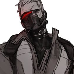 Rule 34 | 1boy, bodysuit, broken eyewear, broken mask, covered mouth, gep, jacket, looking at viewer, male focus, mask, mouth mask, overwatch, overwatch 1, scar, scar across eye, scar on face, short hair, simple background, soldier: 76 (overwatch), solo, spot color, torn bodysuit, torn clothes, upper body, visor, white background