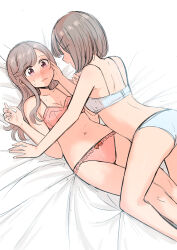 Rule 34 | 2girls, absurdres, ass, betock, bra, breasts, brown hair, cleavage, collarbone, commentary request, grey hair, hand on another&#039;s cheek, hand on another&#039;s face, highres, long hair, lying, medium breasts, multiple girls, navel, nervous sweating, on back, original, panties, pink bra, pink eyes, pink panties, short hair, stomach, sweat, underwear, underwear only, white bra, white panties, yukadon, yuri
