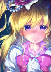 Rule 34 | 1girl, blonde hair, blush, closed mouth, cure miracle, gloves, long hair, looking at viewer, md5 mismatch, precure, purple eyes, resolution mismatch, satou (kuso-neet), smile, solo, source larger, upper body, white gloves