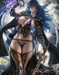 Rule 34 | 1girl, armor, ass, bikini, bikini armor, black armor, black bikini, black cape, blue eyes, blue hair, boots, breasts, byleth (female) (fire emblem), byleth (fire emblem), cape, cleavage, curvy, dagger, feet out of frame, female focus, fire emblem, fire emblem: three houses, fire emblem heroes, fishnet armwear, fishnet gloves, fishnet top, fishnet sleeves, fishnet thighhighs, fishnets, gauntlets, gloves, greaves, high heel boots, high heels, holding, holding sword, holding weapon, huge ass, huge breasts, knife, large breasts, legs, long hair, long sleeves, navel, nintendo, sakimichan, scabbard, sheath, sheathed, shirt, signature, skindentation, solo, standing, stomach, swimsuit, sword, thick thighs, thighhighs, thighs, weapon, wide hips