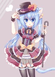 Rule 34 | 1girl, :o, animal ears, black thighhighs, blue eyes, blush, breasts, cane, cat ears, cat girl, cat tail, commentary request, corset, cowboy shot, fang, flower, frilled shirt, frilled skirt, frills, garter straps, grey background, hair between eyes, hair ribbon, hand on headwear, hat, holding, long hair, looking at viewer, magician, multicolored clothes, multicolored shirt, multicolored skirt, original, overskirt, parted lips, ribbon, shikito (yawa0w0), shirt, short sleeves, simple background, skirt, small breasts, solo, standing, tail, thighhighs, top hat, tsurime, twintails, very long hair, wide sleeves, wrist cuffs, yellow ribbon