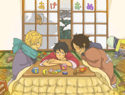 Rule 34 | brothers, family, freckles, jolly roger, kotatsu, monkey d. garp, monkey d. luffy, multiple boys, one piece, portgas d. ace, sabo (one piece), siblings, sitting, smile, table