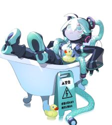 Rule 34 | 1girl, absurdly long hair, android, aqua eyes, aqua hair, aqua necktie, bare shoulders, bathtub, cable hair, cheri zao, cyber fashion, empty eyes, full body, glowing, grey shirt, hashtag-only commentary, hatsune miku, long hair, looking at viewer, necktie, parody, partially submerged, proto miku (cheri zao), rubber duck, see-through, see-through skirt, see-through sleeves, shirt, simple background, skirt, solo, spring onion, translation request, twintails, very long hair, vocaloid, white background