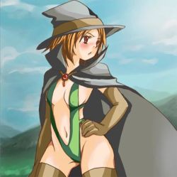 Rule 34 | artist request, blush, breasts, brown hair, cape, chunsoft, dragon quest, dragon quest iii, enix, hat, lowres, mage (dq3), non-web source, red eyes, short hair, sideboob, slingshot swimsuit, solo, swimsuit, thighhighs, witch hat