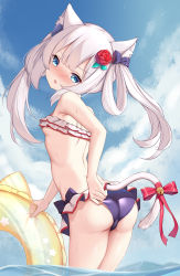 Rule 34 | 1girl, adjusting clothes, adjusting swimsuit, animal ears, aqua eyes, ass, azur lane, bare back, blue sky, blunt bangs, blush, bow, breasts, cat ears, cat girl, cat tail, cloud, cloudy sky, commentary request, eyes visible through hair, flower, from behind, hair flower, hair ornament, hammann (azur lane), hammann (rebellious summer) (azur lane), head tilt, highres, holding, holding swim ring, horizon, in water, innertube, irokari, long hair, looking at viewer, looking back, ocean, official alternate costume, parted lips, ribbon, rose, sidelocks, sky, small breasts, solo, swim ring, swimsuit, tail, tail bow, tail ornament, tail ribbon, twintails, underboob, wading, wet, wet clothes, wet swimsuit, white hair