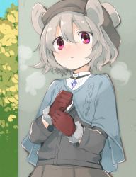 Rule 34 | 1girl, adapted costume, akagashi hagane, alternate costume, animal ears, blush, breath, capelet, cardigan, cardigan vest, gloves, grey hair, hat, jewelry, long sleeves, mouse ears, nazrin, necklace, red eyes, red gloves, shirt, short hair, skirt, solo, touhou, upper body