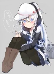 Rule 34 | 1girl, black pantyhose, black skirt, blue eyes, blush, brown footwear, camouflage, camouflage jacket, commentary request, earmuffs, fujiyama ichiha, hair between eyes, hammer and sickle, hat, hibiki (kancolle), highres, jacket, kantai collection, long hair, long sleeves, pantyhose, pleated skirt, redrawn, skirt, solo, translation request, verniy (kancolle), white hair, white hat