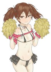 Rule 34 | 1girl, adapted costume, bikini, black bikini, black skirt, blush, breasts, brown eyes, brown hair, choker, commentary request, hair between eyes, hair ribbon, highres, kantai collection, long hair, looking at viewer, micro bikini, nito (nshtntr), pleated skirt, pom pom (cheerleading), ribbon, ryuujou (kancolle), simple background, sitting, skirt, small breasts, solo, swimsuit, tassel, twintails, white background, white choker, white ribbon