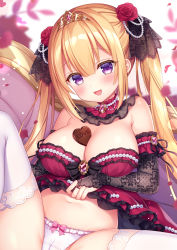 Rule 34 | 1girl, arm warmers, babydoll, bare shoulders, blonde hair, bow, bow panties, breasts, cameltoe, candy, chocolate, chocolate heart, cleavage, commentary request, crotch seam, detached collar, flower, food, hair flower, hair ornament, heart, large breasts, long hair, looking at viewer, mitsuba choco, navel, open mouth, original, panties, purple eyes, rose, smile, solo, stomach, thighhighs, tiara, twintails, underwear, underwear only, white panties, white thighhighs