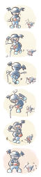 Rule 34 | 6koma, absurdres, black hair, comic, commentary request, creature, creatures (company), dancing, eye contact, facial hair, game freak, gen 4 pokemon, gen 8 pokemon, highres, holding, holding stick, huge filesize, huiyuan, long image, looking at another, mime jr., mr. rime, mustache, nintendo, no humans, pokemon, pokemon (creature), size difference, stick, tall image, yellow eyes