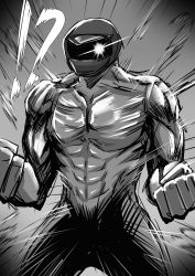 Rule 34 | !?, 1boy, abs, absurdres, arknights, clenched hands, doctor (arknights), empty eyes, glowing, glowing eye, greyscale, highres, male doctor (arknights), mask, monochrome, nude, saikre, sketch