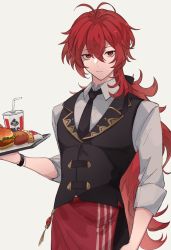 Rule 34 | 1boy, alternate costume, antenna hair, apron, black necktie, black ribbon, black vest, brand name imitation, closed mouth, collared shirt, commentary request, cowboy shot, cup, denbu (amp p p), diluc (genshin impact), diluc (kfc) (genshin impact), disposable cup, fast food, flipped hair, genshin impact, gold trim, hair between eyes, hair ribbon, highres, holding, holding tray, kfc, lapels, long hair, looking at viewer, male focus, necktie, ponytail, red eyes, red hair, ribbon, shirt, simple background, sleeves rolled up, solo, tray, very long hair, vest, vision (genshin impact), waist apron, white background, white shirt, wristband