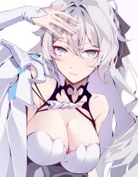 Rule 34 | 1girl, aer007580, aged up, arm up, black ribbon, breasts, bronya zaychik, bronya zaychik (silverwing: n-ex), cleavage, closed mouth, commentary, english commentary, grey eyes, grey hair, hair between eyes, hair ribbon, highres, honkai (series), honkai impact 3rd, large breasts, long hair, looking at viewer, ribbon, shadow, simple background, solo, upper body, white background