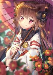 Rule 34 | 1girl, absurdres, amane tari, animal ears, bell, black bow, black scarf, blurry, blurry background, blurry foreground, blush, bow, brown hair, cat ears, closed mouth, commentary request, depth of field, flower, hair bell, hair between eyes, hair bow, hair ornament, hair rings, highres, holding, holding umbrella, irori-san, japanese clothes, jingle bell, kimono, long hair, long sleeves, looking at viewer, oil-paper umbrella, original, petals, purple umbrella, red eyes, red flower, scarf, smile, solo, thick eyebrows, umbrella, very long hair, white kimono, wide sleeves