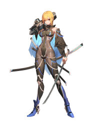 Rule 34 | 1girl, absurdres, black bodysuit, blonde hair, bodysuit, boots, breasts, cape, closed mouth, commentary request, covered navel, dual wielding, full body, gun, hair between eyes, high heel boots, high heels, highres, holding, holding gun, holding sword, holding weapon, jinlin, katana, looking at viewer, medium breasts, armored boots, original, over shoulder, sheath, sheathed, short hair, simple background, solo, standing, swept bangs, sword, tachi-e, v-shaped eyebrows, weapon, weapon over shoulder, white background, yellow eyes