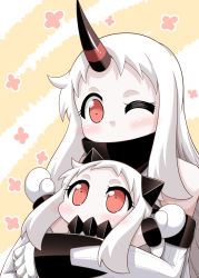 Rule 34 | 10s, 2girls, abyssal ship, arm around waist, arms up, collar, commentary request, detached sleeves, highres, horns, kantai collection, long hair, mittens, multiple girls, northern ocean princess, orange eyes, seaport princess, sidelocks, single horn, white hair, wide sleeves, yamato nadeshiko