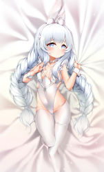 Rule 34 | 1girl, absurdres, animal ear fluff, animal ears, azur lane, bed sheet, braid, breasts, crotchless, crotchless pantyhose, dakimakura (medium), fake animal ears, groin, highleg, highleg leotard, highres, knee up, le malin (azur lane), le malin (listless lapin) (azur lane), legs, leotard, leotard pull, long hair, lying, on back, pantyhose, playboy bunny, pulling own clothes, rabbit ears, sheet grab, silver hair, small breasts, solo, thigh strap, thighs, twin braids, twintails, very long hair, w wonjin, white background, white leotard, white pantyhose, wrist cuffs