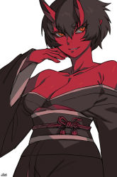 Rule 34 | 1girl, black hair, black kimono, black sash, breasts, cleavage, colored skin, fang, fang out, hand up, horns, japanese clothes, kidouko (zakusi), kimono, long sleeves, looking at viewer, medium breasts, obi, off shoulder, oni horns, orange eyes, original, pointy ears, red skin, sash, short hair, signature, simple background, smile, solo, white background, wide sleeves, zakusi