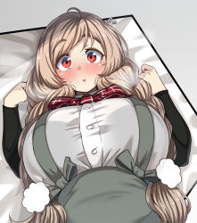 Rule 34 | 1girl, ahoge, alternate breast size, arm warmers, blush, bow, braid, breasts, cloud hair ornament, huge breasts, kantai collection, konoshige (ryuun), light brown hair, long hair, looking at viewer, low twin braids, lying, minegumo (kancolle), on back, plaid, plaid bow, plaid neckwear, red eyes, red neckwear, shirt, skirt, solo, suspender skirt, suspenders, twin braids, upper body, white shirt