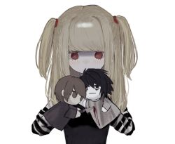 Rule 34 | 1girl, amane misa, bags under eyes, black hair, blonde hair, blood, blood splatter, bloody knife, brown hair, colored skin, death note, grey skin, hand puppet, hands up, hougetsu (moon neetcat), knife, l (death note), long hair, long sleeves, puppet, red eyes, short hair, simple background, solo, stab, two side up, upper body, white background, yagami light
