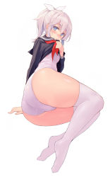 Rule 34 | 1girl, ass, blue eyes, blush, bow, breasts, closed mouth, feet, full body, grey shirt, hair between eyes, hair bow, highres, hip focus, kekemotsu, legs, long hair, long sleeves, looking at viewer, neckerchief, one-piece swimsuit, original, red neckerchief, sailor collar, sailor shirt, school swimsuit, shirt, silver hair, simple background, small breasts, solo, swimsuit, thighhighs, thighs, white background, white one-piece swimsuit, white thighhighs