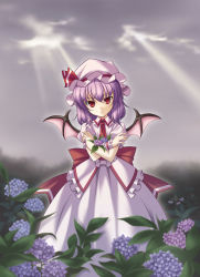 Rule 34 | 1girl, aoi masami, ascot, bad id, bad pixiv id, cloud, dress, female focus, flower, hydrangea, light rays, looking at viewer, plant, purple hair, red eyes, remilia scarlet, so-kai, solo, sunbeam, sunlight, touhou, wings
