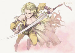 Rule 34 | 1girl, amano yoshitaka design, bad id, bad pixiv id, blonde hair, blue eyes, boots, breasts, celes chere, cleavage, detached sleeves, final fantasy, final fantasy vi, highres, holding, holding sword, holding weapon, large breasts, long hair, pants, saber (weapon), square enix, sword, tassel, vest, wavy hair, weapon, white footwear, yellow pants, yellow vest, yukimedonn