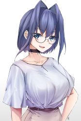 Rule 34 | 1girl, :d, absurdres, arms at sides, beige skirt, blue eyes, blue hair, breasts, choker, collarbone, commentary, english commentary, eyelashes, fang, glasses, hair between eyes, hair intakes, hand on own hip, heart, heart collar, highres, hololive, hololive english, large breasts, looking at viewer, open mouth, ouro kronii, shirt, shirt tucked in, short hair, signature, simple background, smile, smug, solo, therrao, upper body, virtual youtuber, white background, white shirt