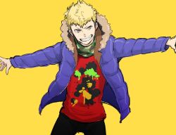 Rule 34 | 1boy, black pants, blonde hair, coat, cowboy shot, fur-trimmed coat, fur collar, fur trim, grin, long sleeves, male focus, open clothes, open coat, outstretched arms, pants, persona, persona 5, sakamoto ryuuji, shirt, simple background, smile, solo, spread arms, teeth, tsugu 106, yellow background, yellow eyes